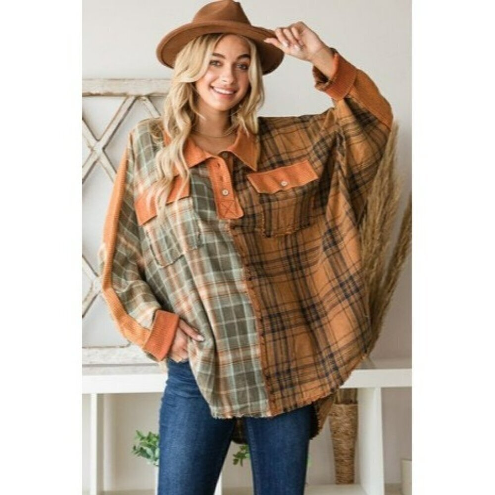 Pumpkin Spice Mixed Plaid Oversized Top in Rust - Picture 5 of 5